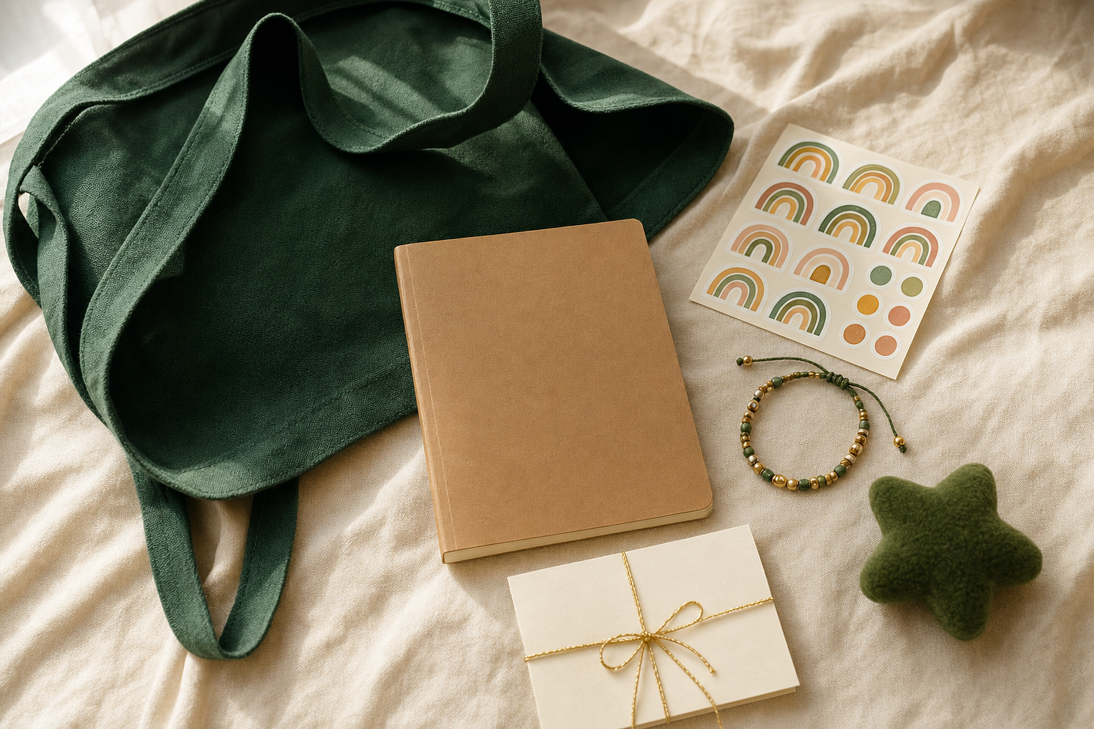 A care bag laid open beside a journal, stickers, a friendship bracelet, and a handwritten note
