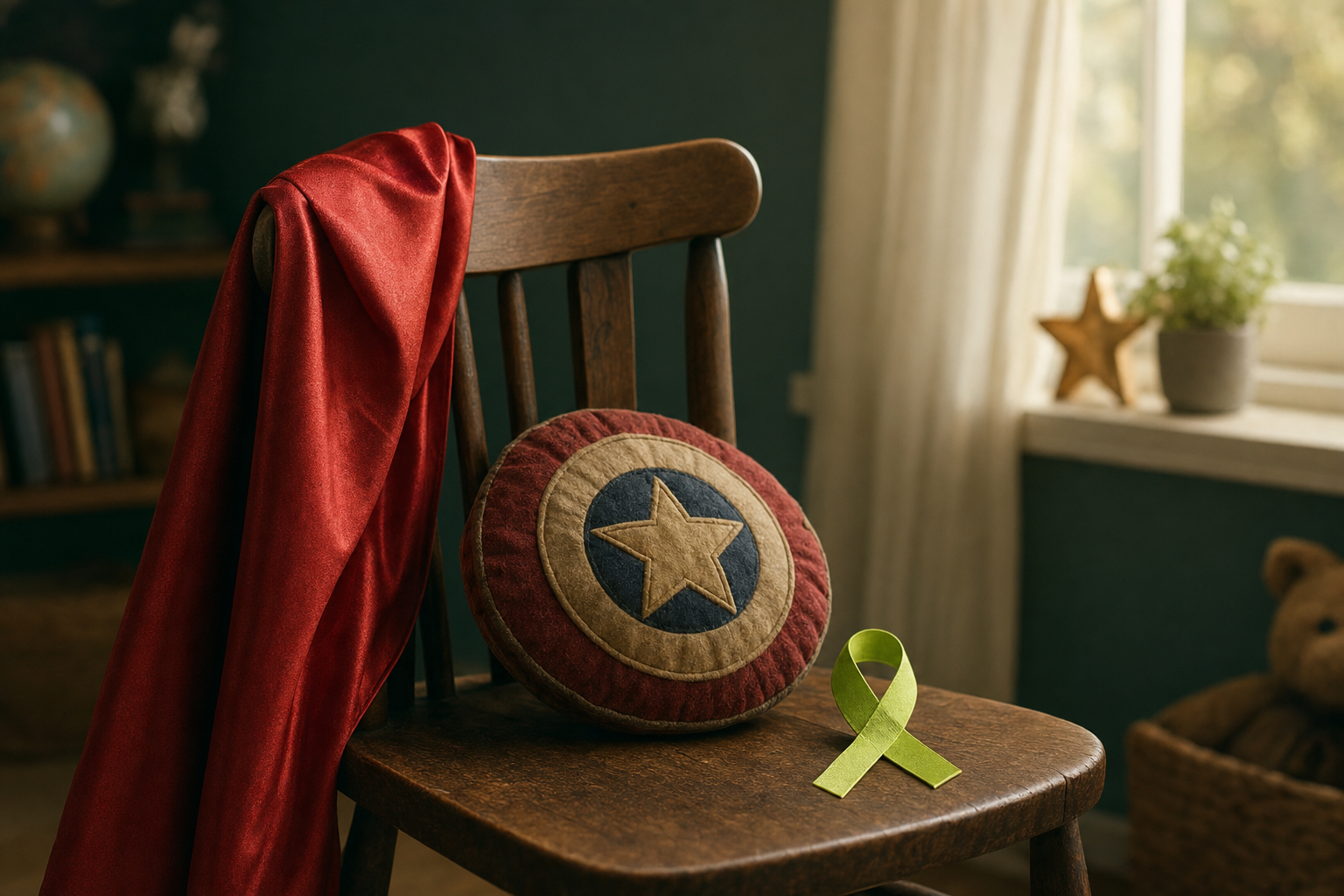 A small superhero cape and shield resting on a chair beside a green awareness ribbon, in a warm, quiet room